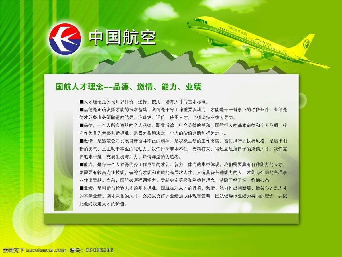 中国航空 国航人才理念 品德 激情 能力 业绩 绿色底板 部队展板 展板模板