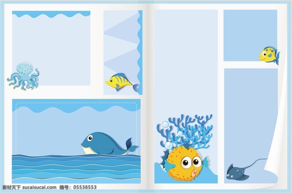 海洋 动物 论文 背景 旗帜 水 边界 模板 纸张 卡通 鱼 旗帜背景 艺术 波浪 图形 板 绘图 元素