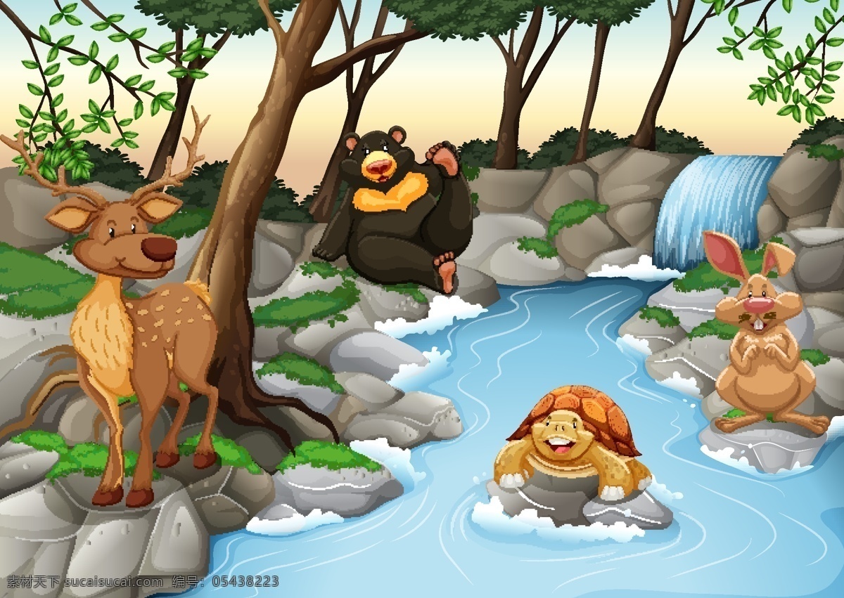 小溪 旁 的卡 通 动物 漫画 卡通乌龟 小溪风景 卡通树 卡通熊 卡通鹿 卡通动物漫画 卡通动物插画 动物插图 其他生物 生物世界 矢量素材
