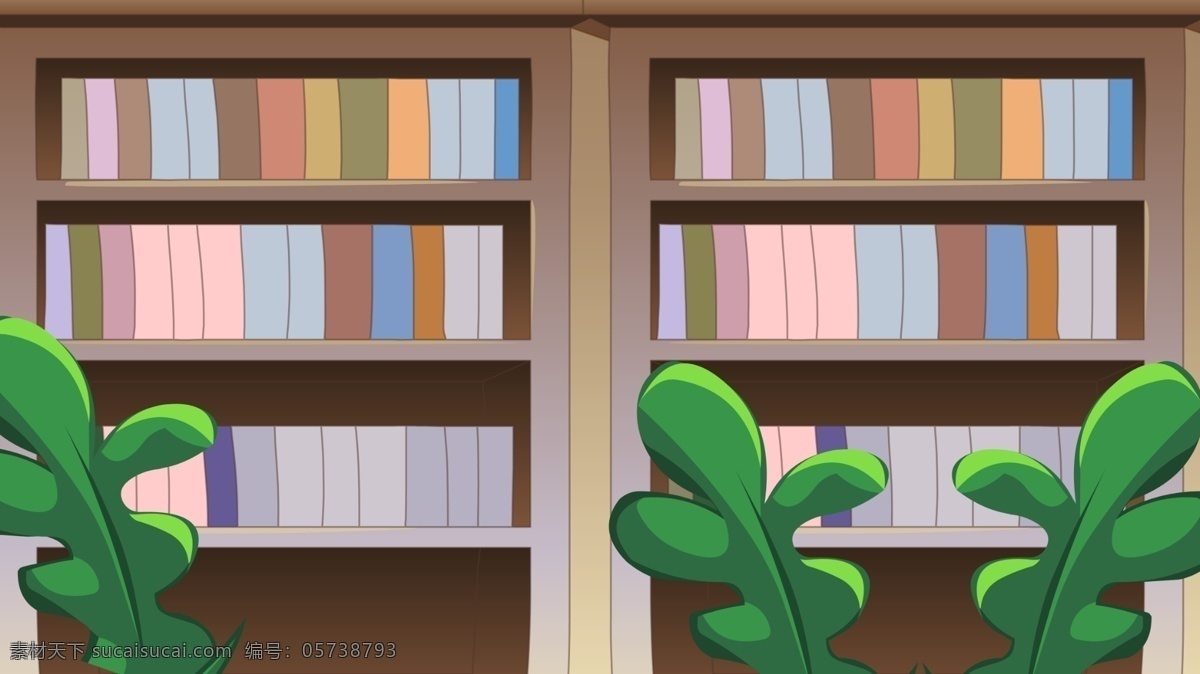 彩色 摆放 整齐 书本 书架 绿叶 背景 卡通