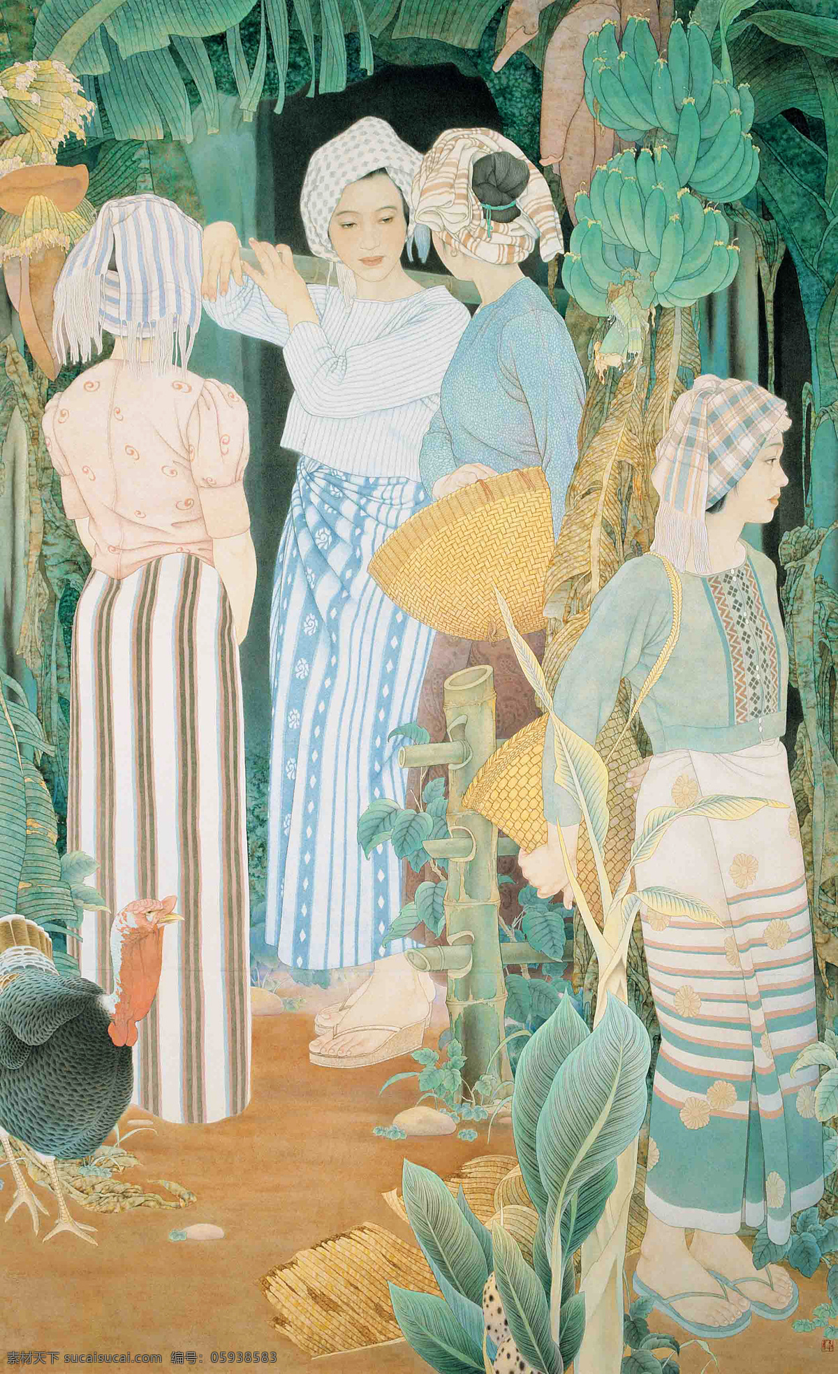 丰收蕉园 美术 中国画 工笔重彩画 人物画 女人 女子 妇女 蕉树 香蕉 国画艺术 体育运动 文化艺术