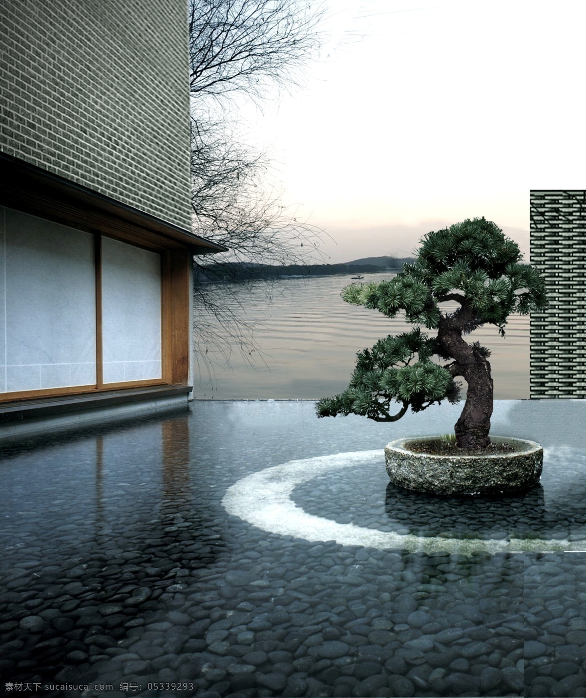 房地产 建筑 传统 风格 松树 湖水 房子 白色