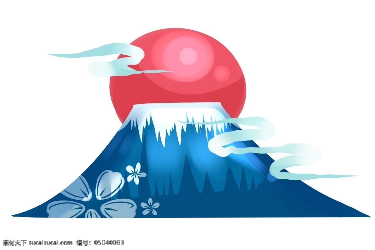 日本 景色 富士山 插画 红色的太阳 卡通插画 书籍插画 书本插画 知识插画 图书插画 蓝色的云朵