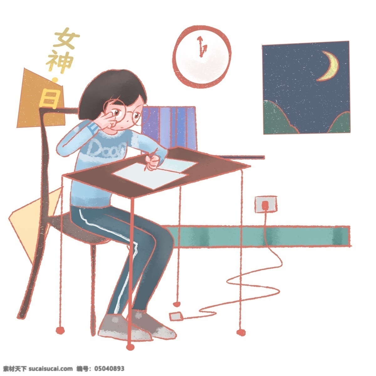 女神 节 工作 少女 插画 人物 工作的少女 漂亮的小女孩 咖色的钟表 黄色的桌子 卡通人物