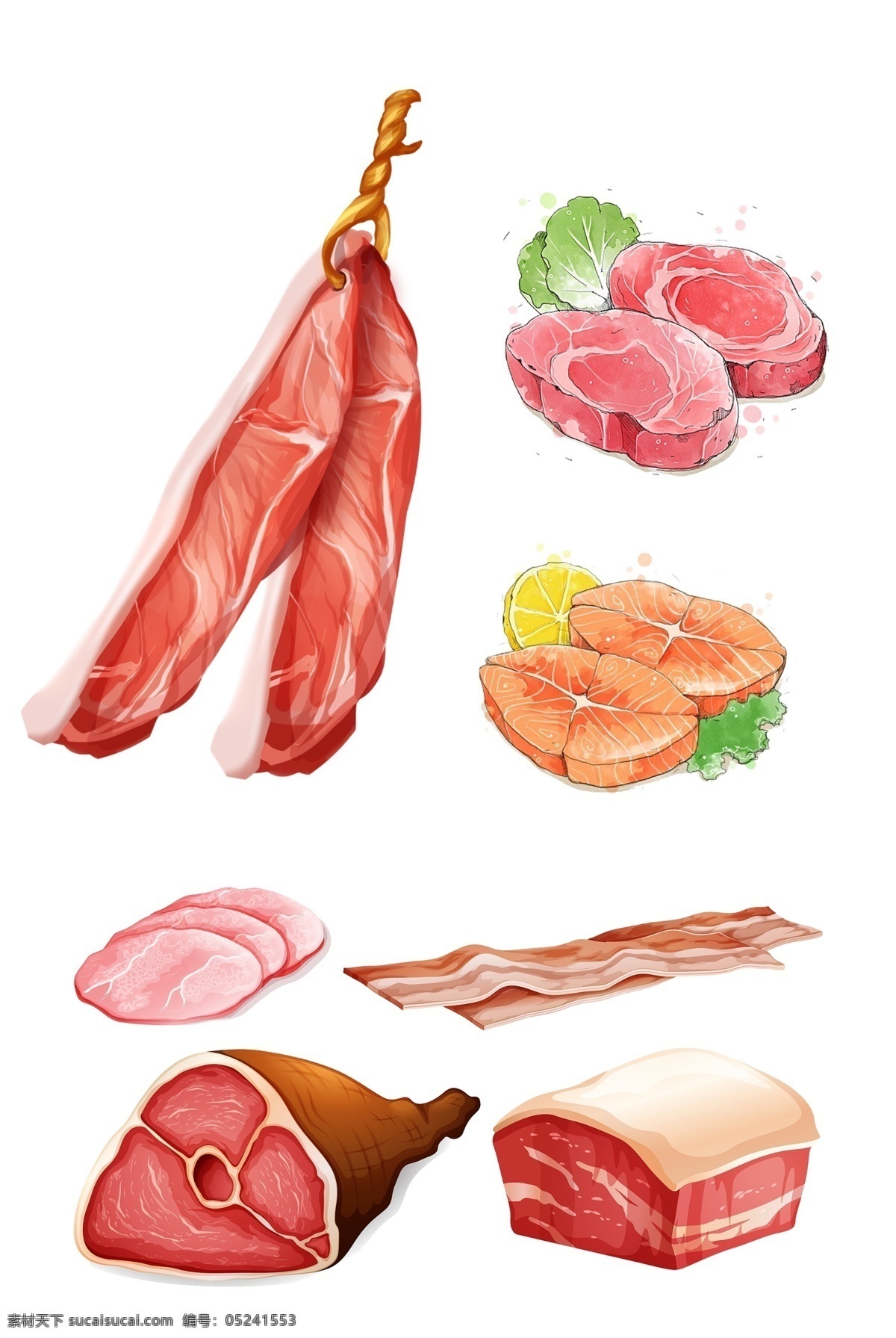 手绘肉 手绘腊肉 手绘鱼肉 水彩肉 水彩腊肉 水彩瘦肉 手绘瘦肉 鱼肉 腊肉 猪肉 肉食素材 水彩手绘