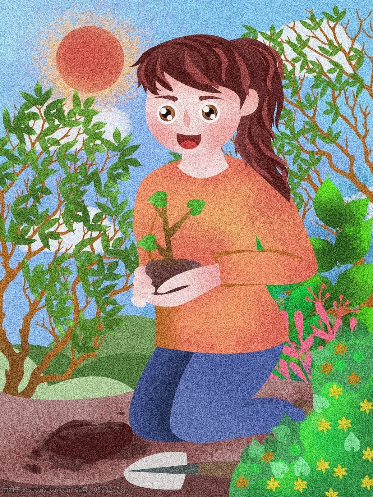 原创 肌理 噪 点 环保 爱护 环境 女孩 栽树 插画 树 太阳 叶子 山 肌理插画