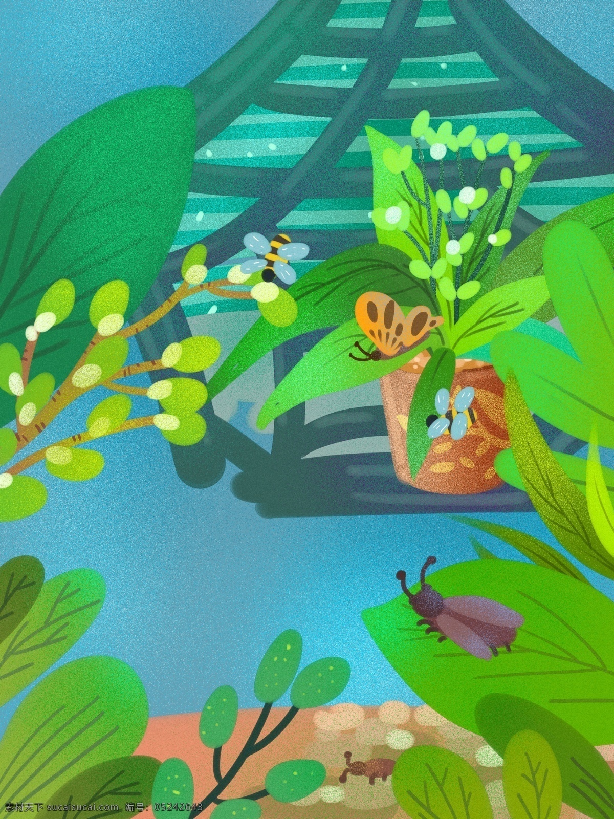 卡通 绿色 居家 小院 背景 手绘背景 绿色背景 居家小院 盆栽背景 植物背景 小虫