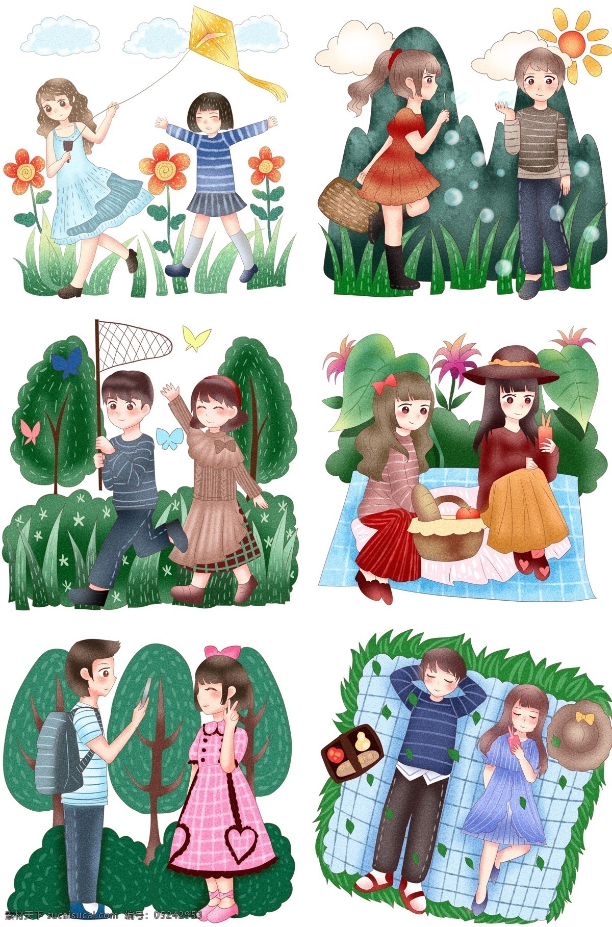 踏青 人物 合集 插画 漂亮的小女孩 放风筝的女孩 扑蝴蝶女孩 卡通人物 植物装饰