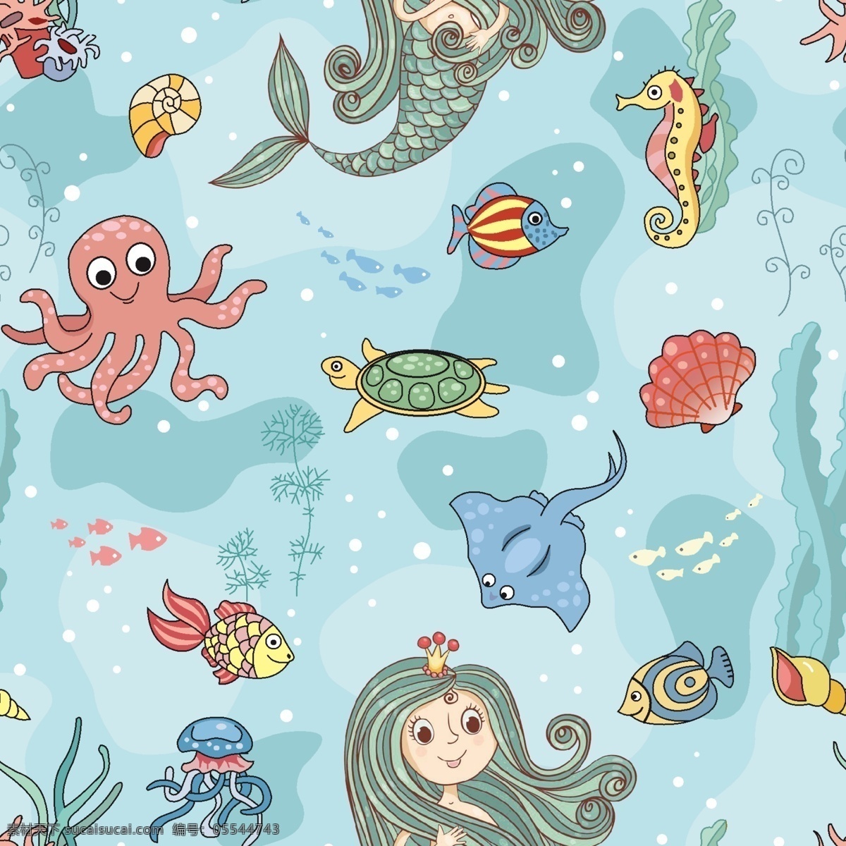 海底世界 卡通素材 美人鱼素材 海洋生物 章鱼 分层