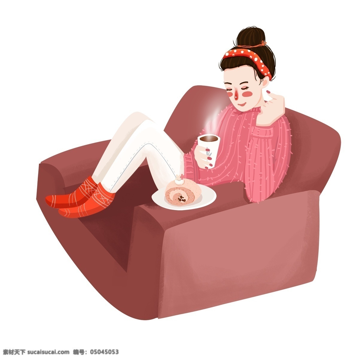 温馨 手绘 窝 沙发 喝 热茶 女孩 小清新 插画 人物 喝茶 吃点心 下午茶 女生 宅女 快乐肥宅