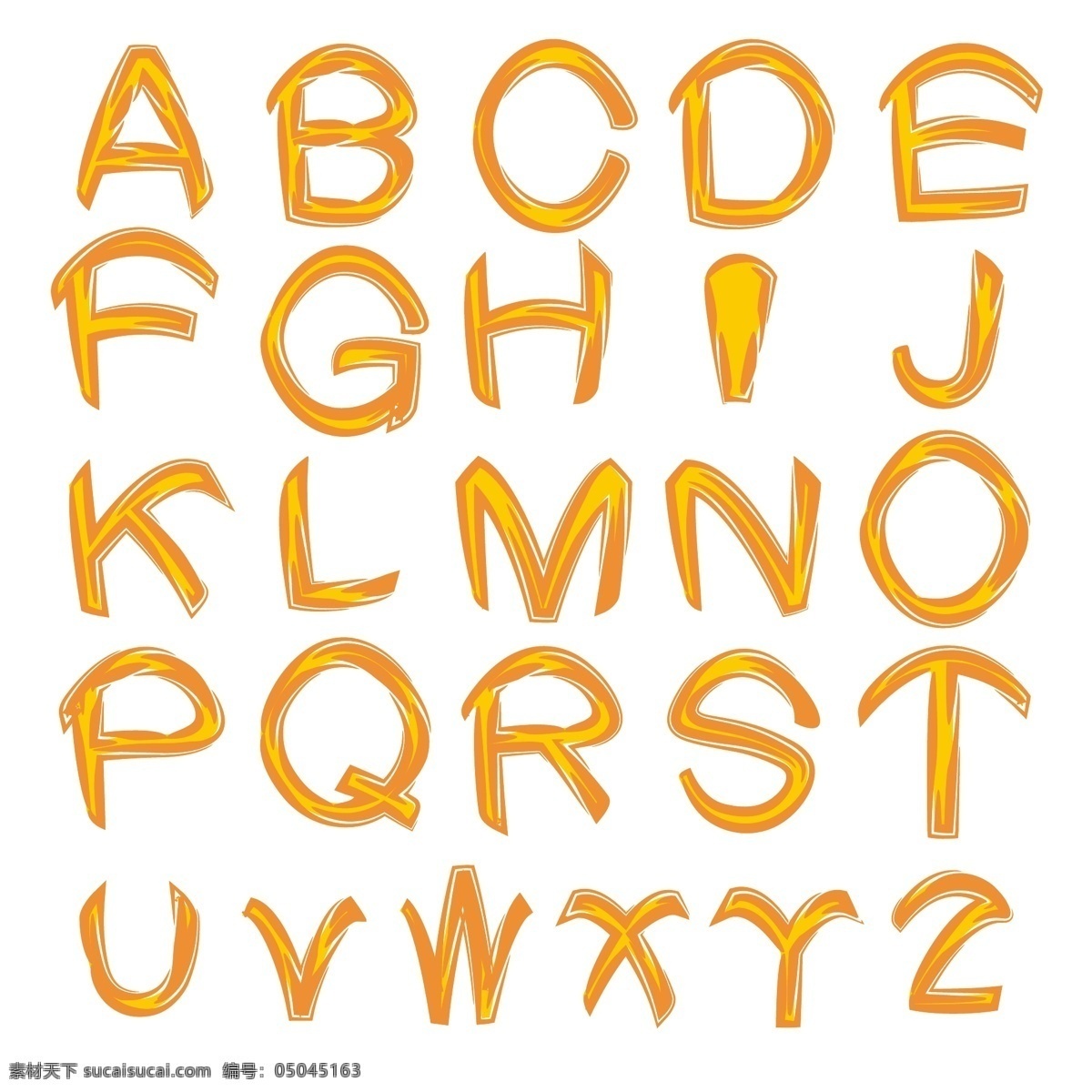 黄色 橙色 刻刀 英文 字母表 矢量 卡通 艺术字 字体