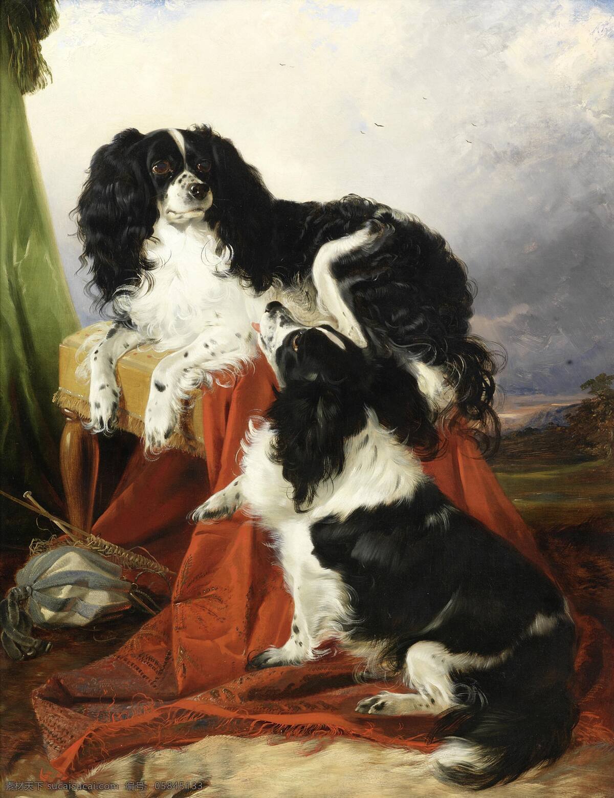 史宾格 家养宠物 两只小狗 嬉戏 黑白相间 玩闹 19世纪油画 油画 文化艺术 绘画书法