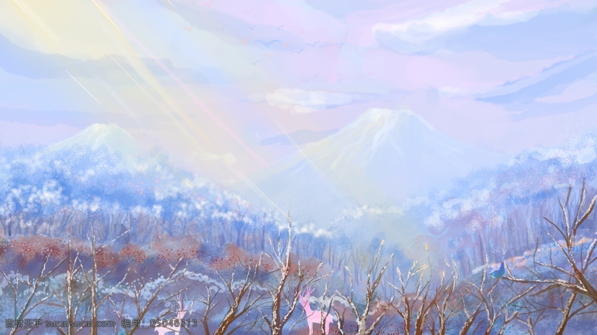 冬天 你好 治愈 系 入冬 插画 唯美 阳光 壁纸 肌理 下雪 冬天你好 小雪 节气 治愈系 麋鹿 厚涂 山林 初冬 配图