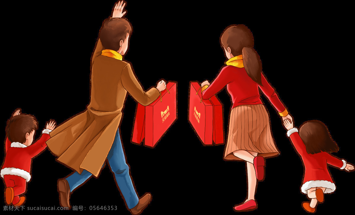 手绘 温馨 购物 一家人 透明 爸爸 奔跑 孩子 妈妈 免扣素材 透明素材 装饰图片