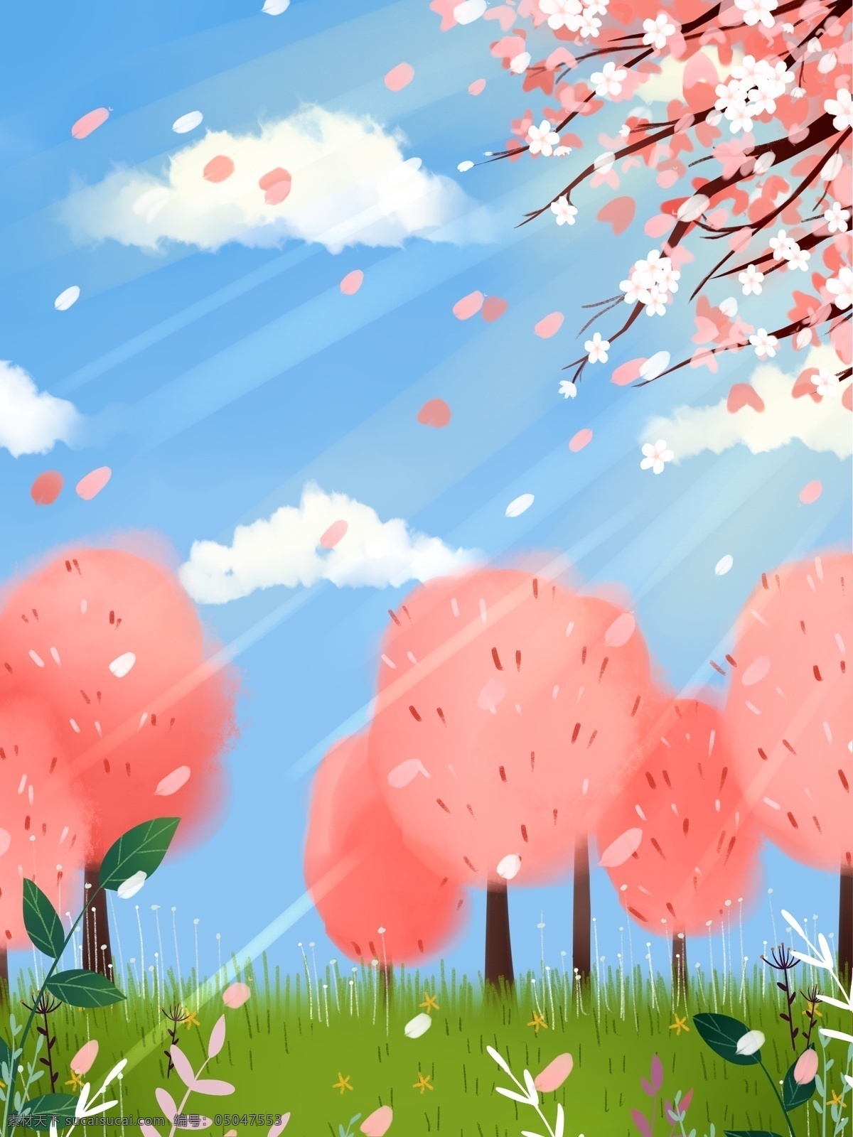 春天 樱花 草地 背景 春季 花瓣 唯美 樱花季 广告背景 彩绘背景 手绘背景 通用背景 背景展板 背景展板图