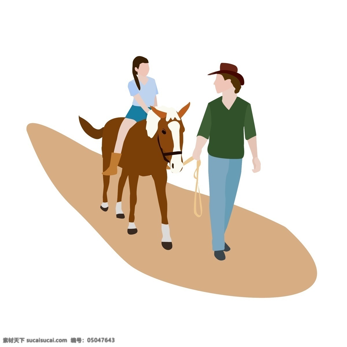 骑马 情侣 矢量 骑马的女孩 男人 牵马的男人 人物 卡通手绘 户外运动 马 戴帽子的男人