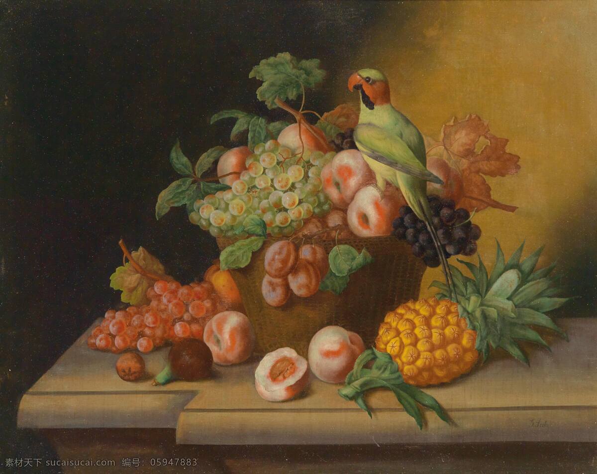静物水果 菠萝 鹦鹉 葡萄 桃子 李子 无花果 水果篮子 桌子 19世纪油画 油画 绘画书法 文化艺术