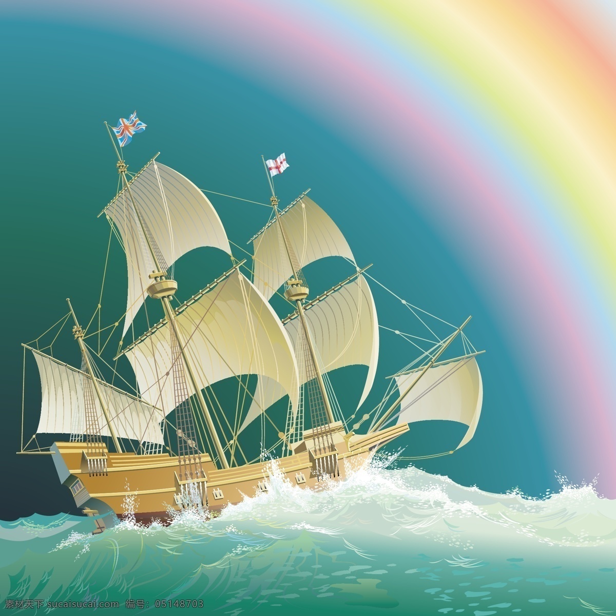 海上 航行 帆船 矢量 彩虹 海 景观 太阳 天空 海的景色 风和海浪的波 矢量图 花纹花边