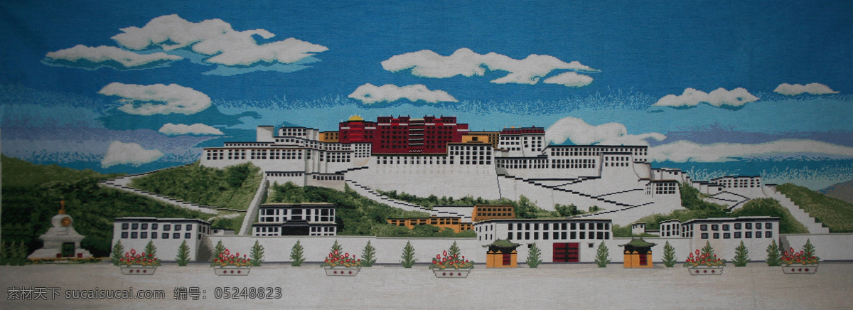 布达拉宫 蓝天 白云 地面 十字锈 传统文化 文化艺术
