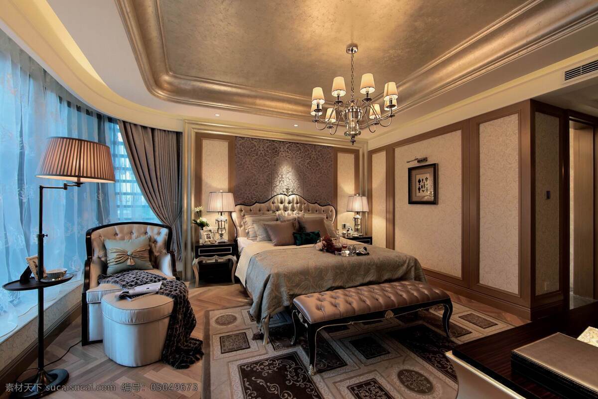 现代 时尚 卧室 铜 色 落地灯 室内装修 效果图 卧室装修 金色天花板 凳子