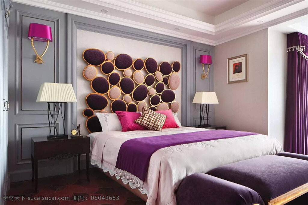 紫色 主题 北欧 效果图 卧室 家居 家具 家装 室内背景 家居装饰 华丽装修 室内设计 软装设计 床