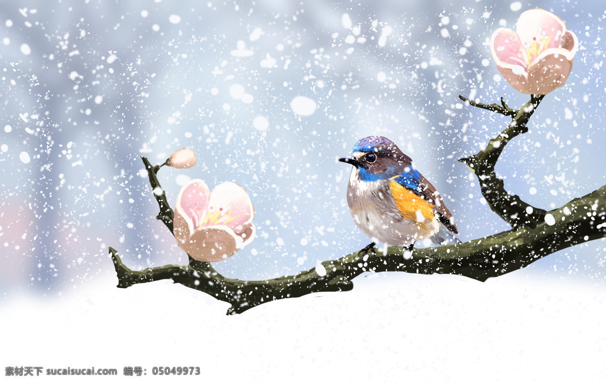 枝头 喜鹊 漫画 海报 飞鸟 下雪 深冬 多娇江山