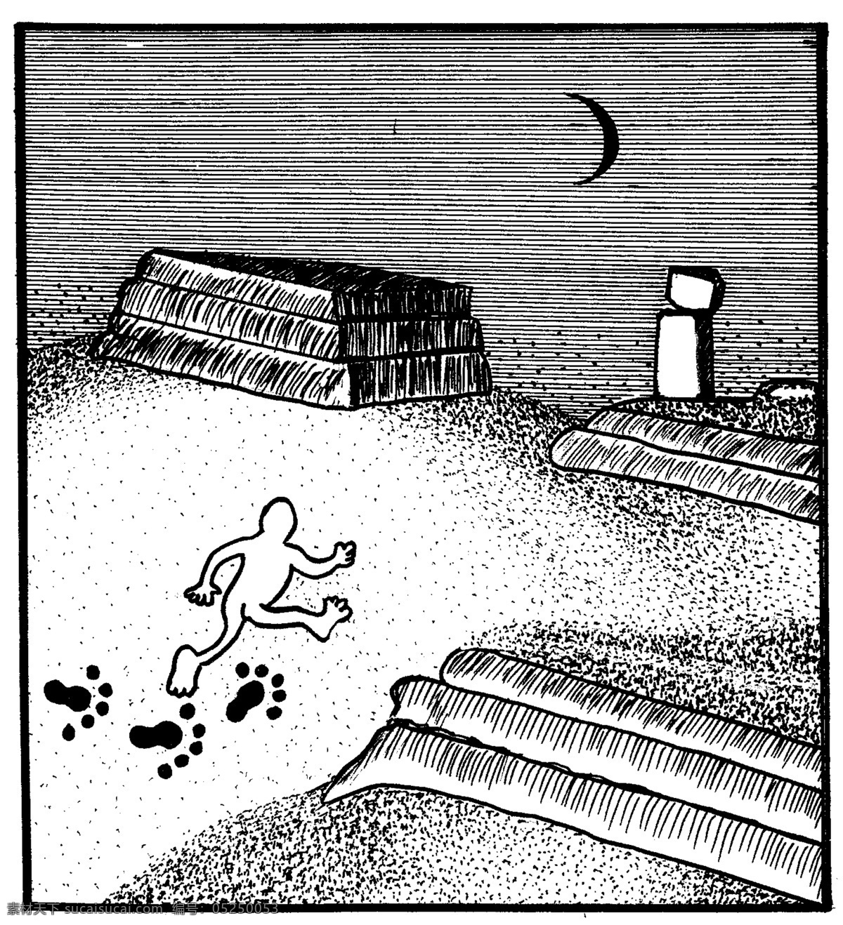 bmp 插画 动漫动画 动漫人物 黑白 脚印 夜晚 手绘 漫画 插图 设计素材 模板下载 坟场 手工 插画集
