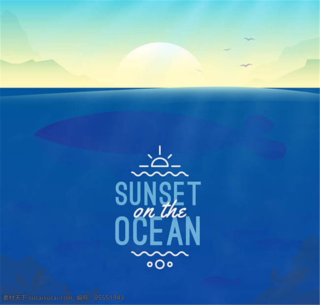 大海上的日落 夕阳 风景 海洋 日落 太阳 海鸥 山 鲸鱼 矢量图