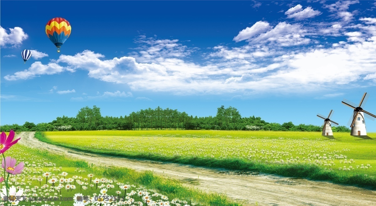 社区 宣传海报 背景 阳光 白云 树木 草地 蓝天 热气球 风车房