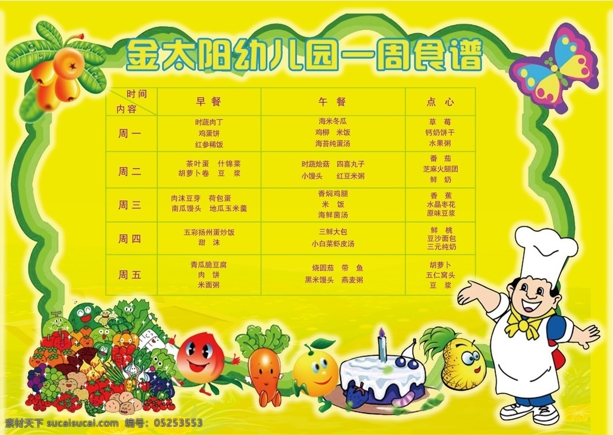 幼儿菜谱 食谱 菜单 彩页 幼儿园菜谱 厨师 水果 菜单菜谱 广告设计模板 源文件