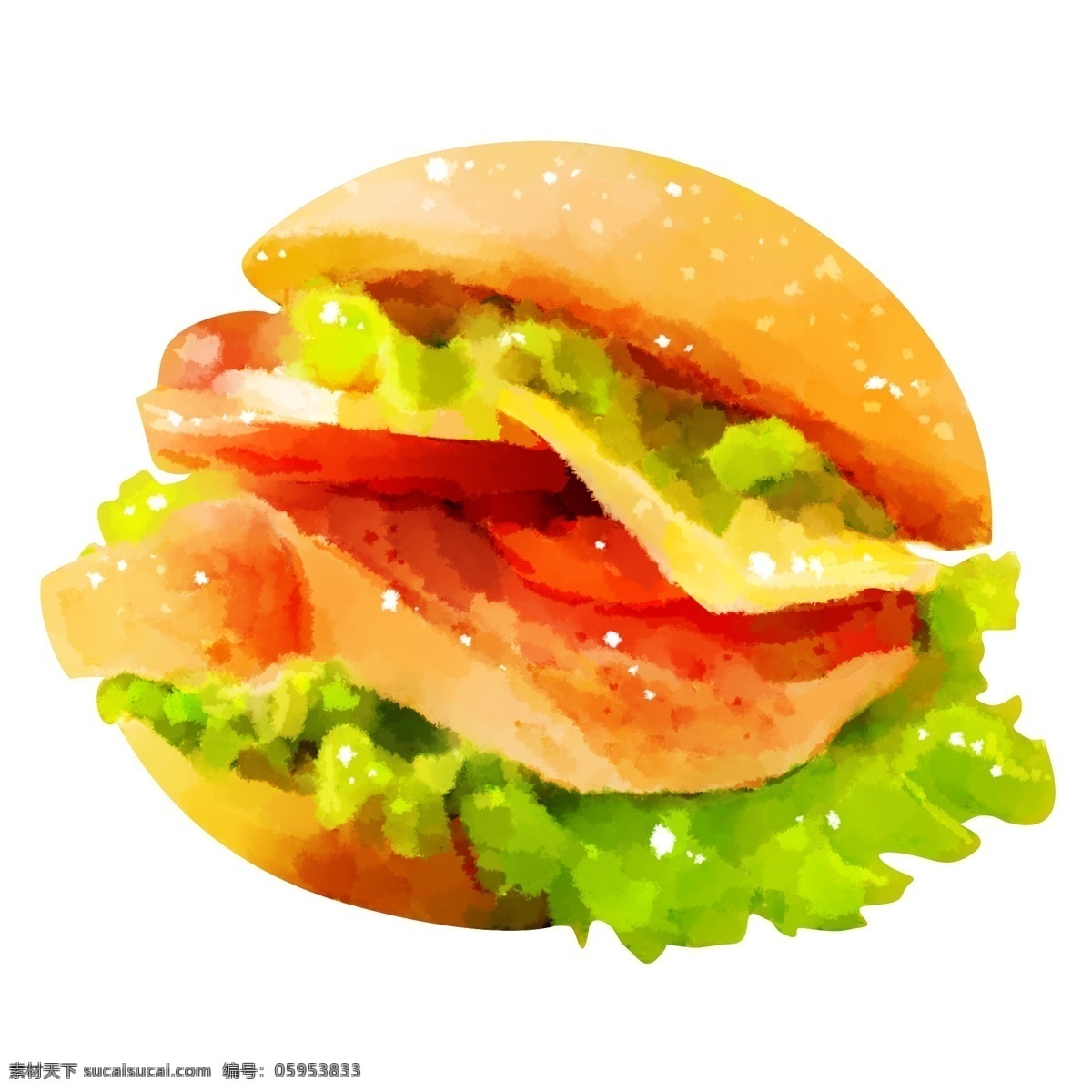 汉堡 水彩 风格 元素 商用 美食 食物 生菜