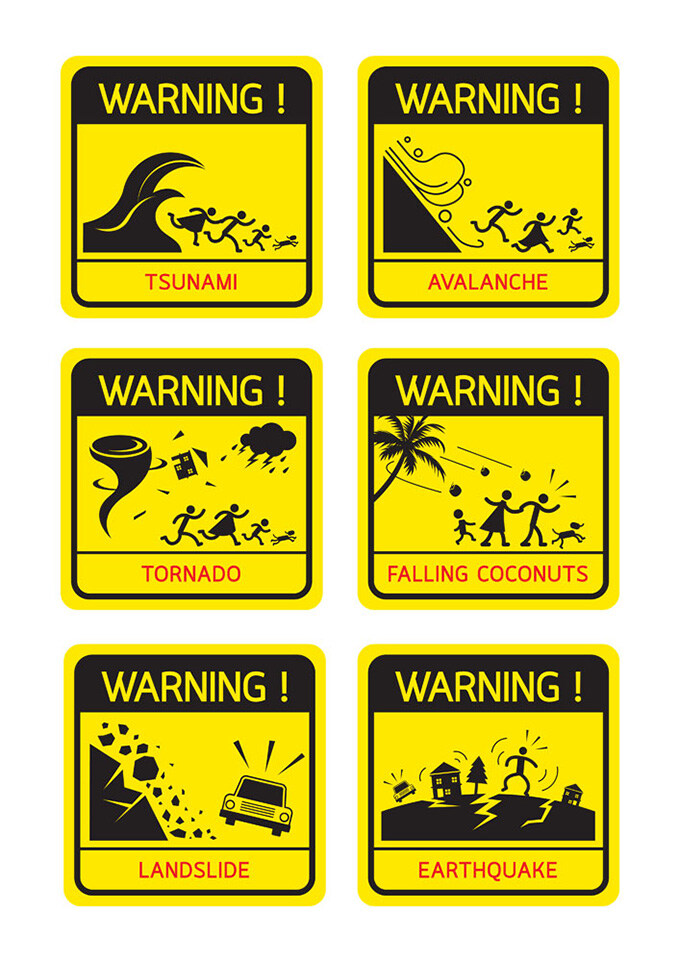 自然灾害 图标 标识 矢量 海啸 泥石 龙卷风 台风滑坡 安全警告 安全警示 黄色
