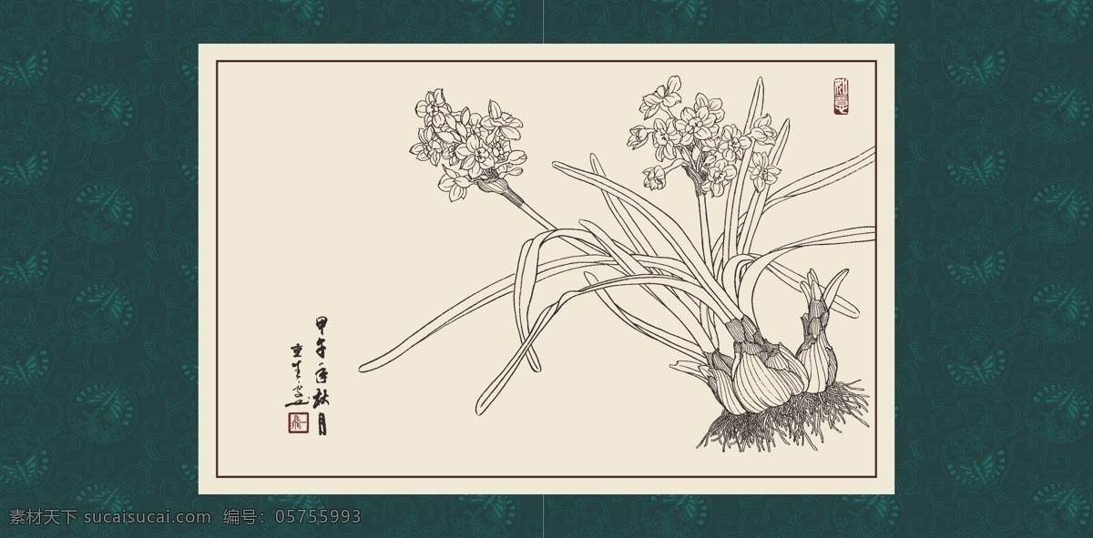 白描 线描 绘画 手绘 国画 印章 植物 花卉 工笔 gx150068 白描水仙 文化艺术 绘画书法