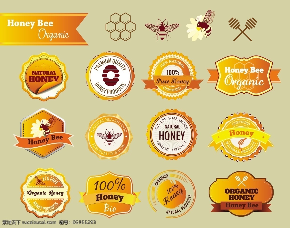 黄色 蜂蜜 标签 矢量图 广告背景 背景素材 广告 背景 圆形 蜜蜂 甜食 纯天然 促销 促销标签 折扣 打折 业务