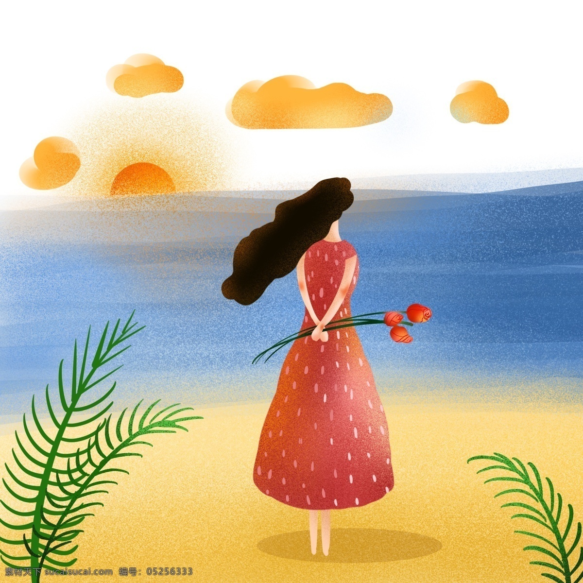 玫瑰 情人节 海边 日出 等待 告白 女孩 绿植 沙滩 海 云