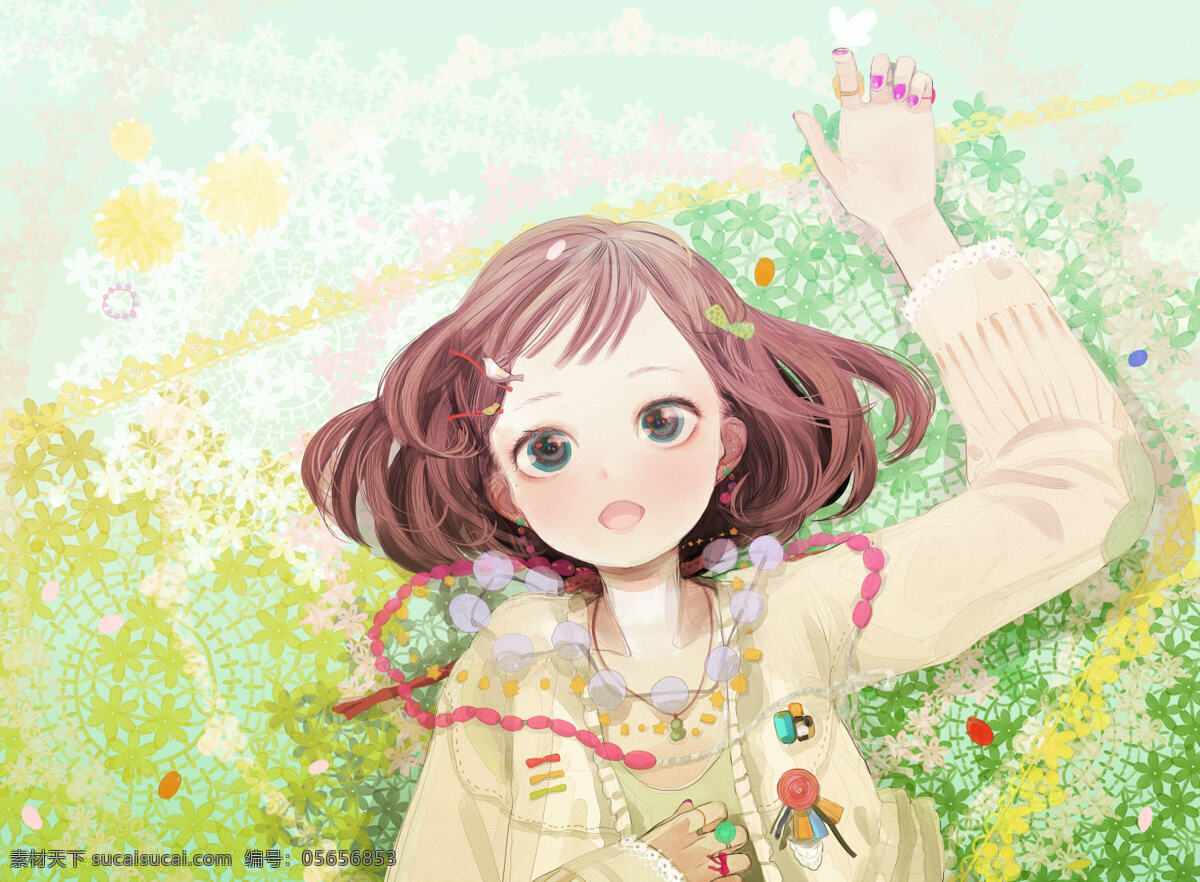 动漫 少女 衬衫 短发 绿色花朵 上衣 卡通 可爱