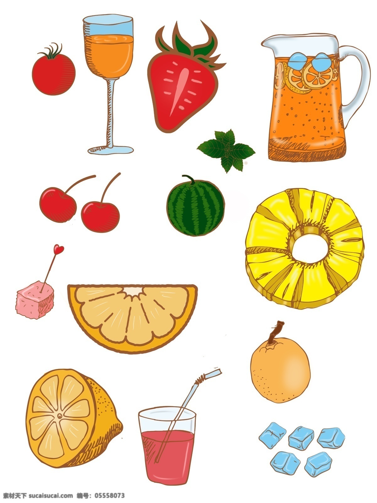 手绘 可爱 卡通 食物 饮料 商用 果汁 冰块 草莓 番茄 菠萝 西瓜 柠檬 橙子 樱桃