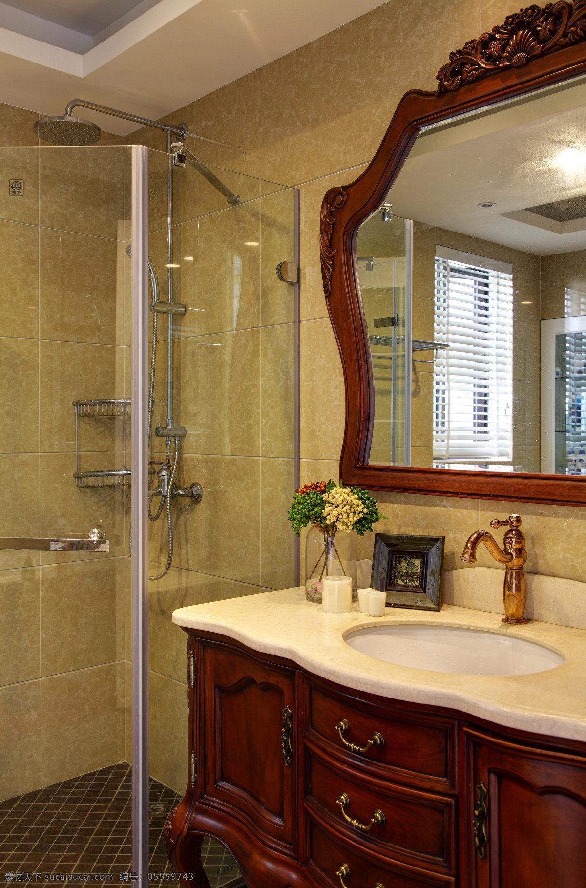 中式 典雅 卫生间 木制 边框 镜子 室内装修 效果图 瓷砖洗手台 卫生间装修 木制柜子 玻璃门
