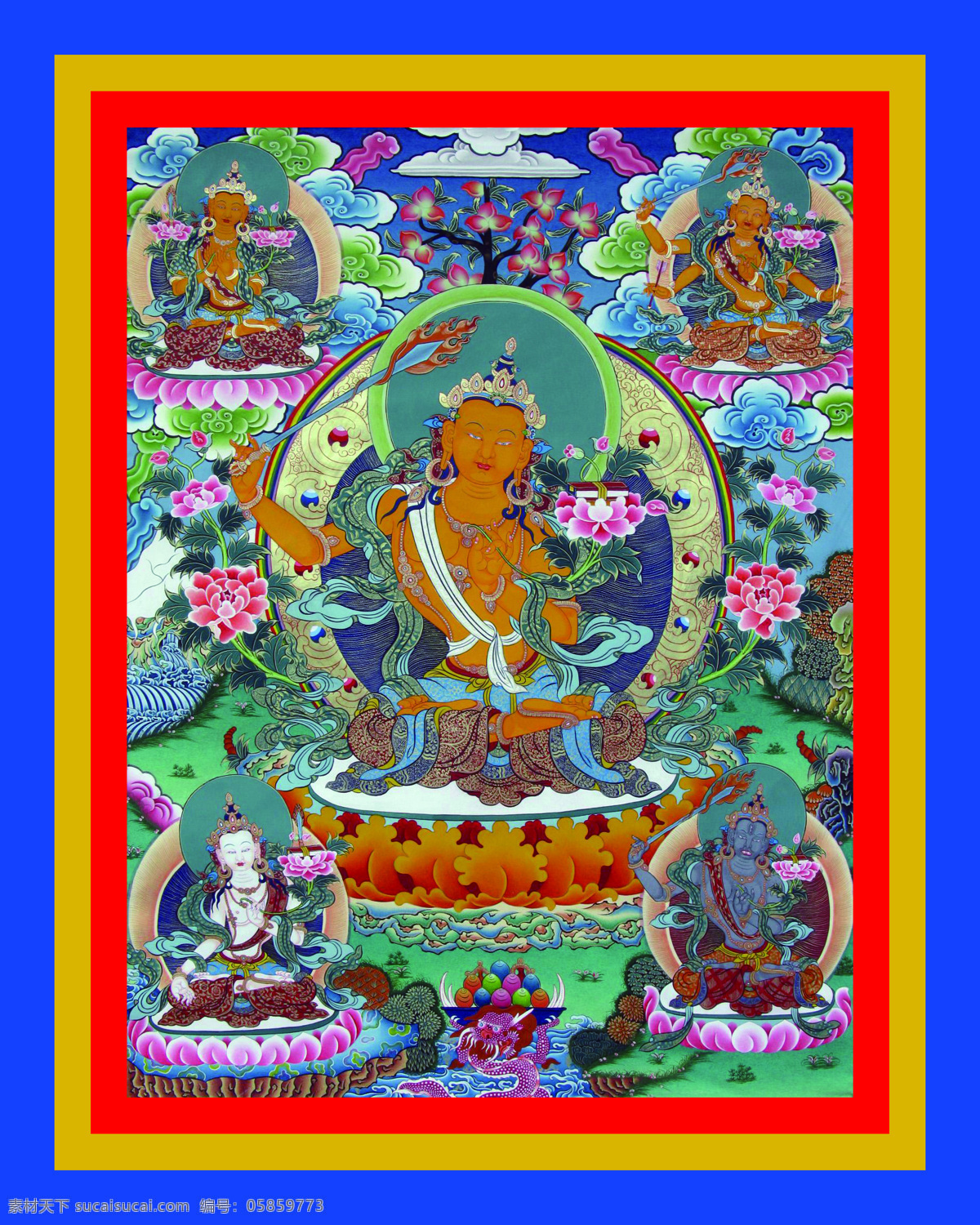 五文殊 唐卡 老唐卡 传承 西藏 藏传 佛教 密宗 法器 佛 菩萨 成就 成就者 大德 喇嘛 活佛 宗教信仰 文化艺术