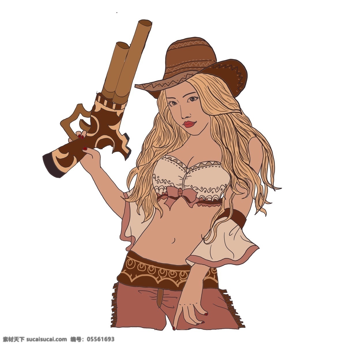 手绘 复古 猎手 女孩 枪 插画 人物素材 手枪 狙击手 迪克牛仔