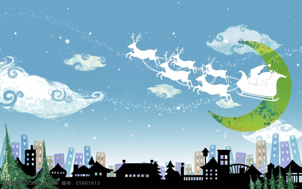 hanmaker 韩国 设计素材 库 城市 卡通 可爱 礼物 漫画 圣诞节 圣诞老人 夜空 节日素材