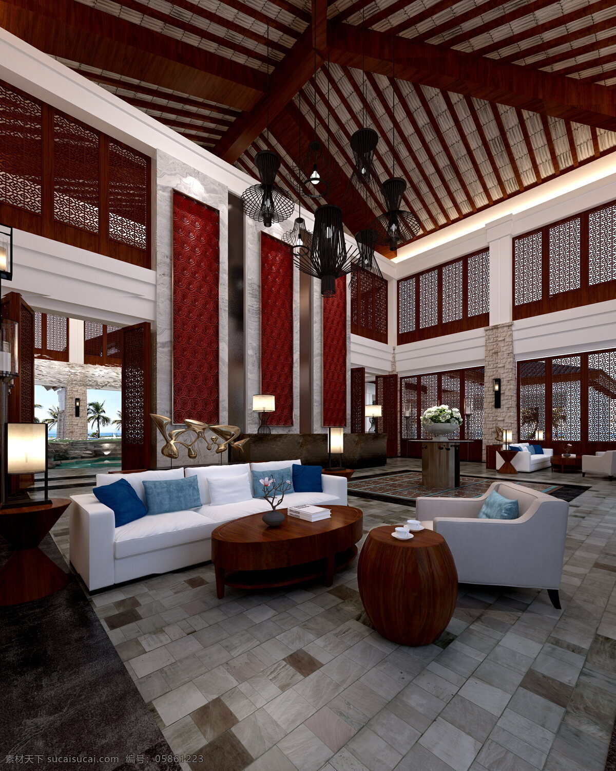 中式 风格 售楼处 木制 茶几 工装 效果图 方格地板 木制茶几 木制圆凳 红色背景墙 蓝色抱枕