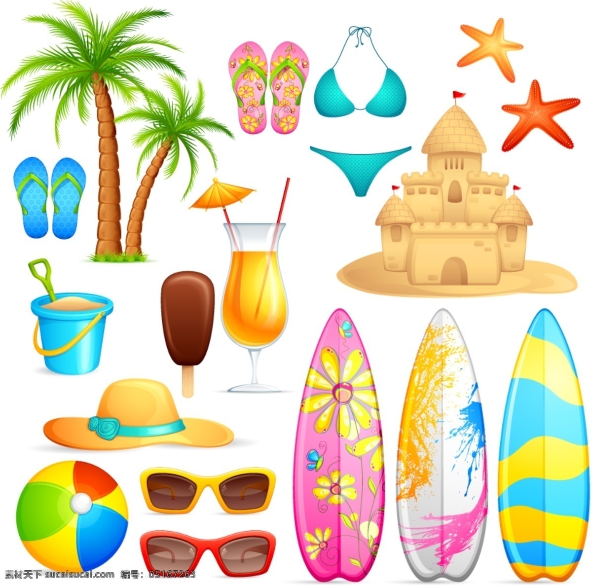 夏季 海报 杯子 果汁 海星 卡通 帽子 皮球 桶 夏季海报素材 鞋 眼镜 椰树 沙堡 其他海报设计