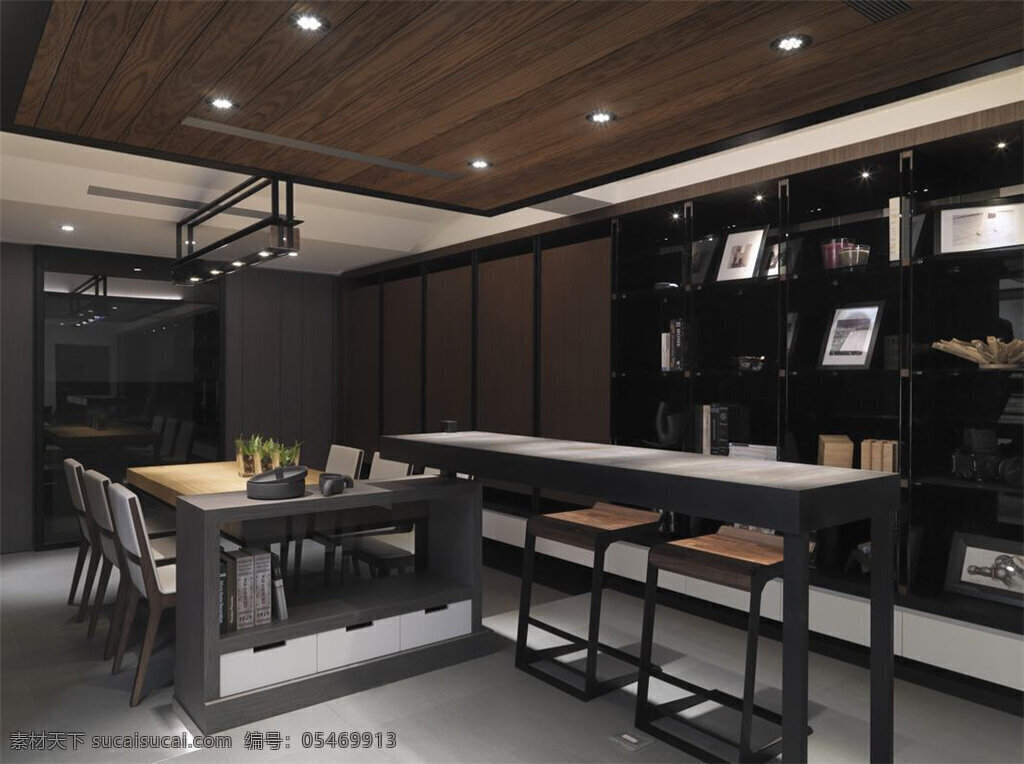 现代 冷感 客厅 灰色 地板 室内装修 效果图 客厅装修 灰色地板 木制餐桌 木制天花板