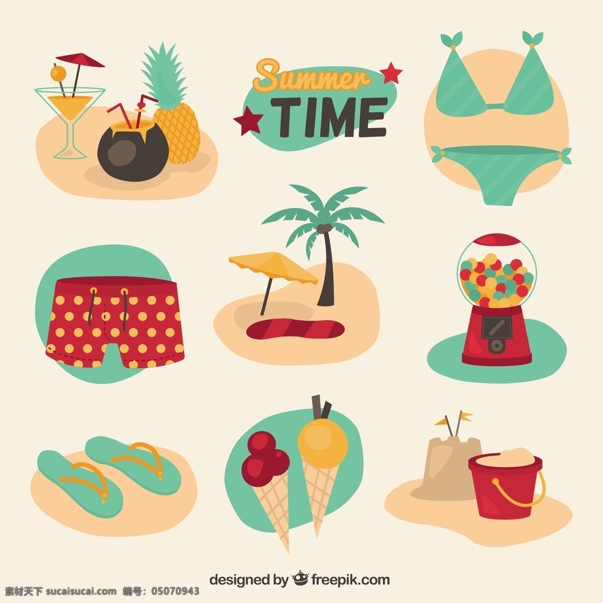 夏日 彩色 插图 夏天 海滩 冰淇淋 冰 多姿多彩 砂 夏日海滩 奶油 比基尼 鸡尾酒 泳衣 凉鞋 夏季 白色