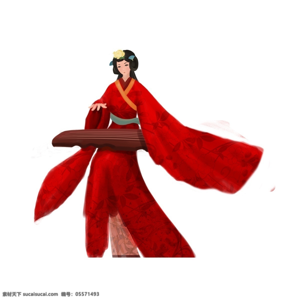 穿 红色 古代 宽 袖 汉 服 弹 古琴 女子 卡通 元素 宽袖汉服 弹古琴