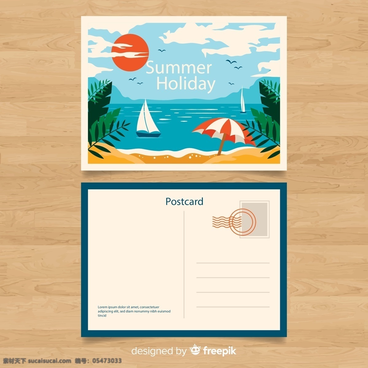 夏季 沙滩 明信片 太阳 云朵 棕榈树 遮阳伞 帆船 大海 矢量 高清图片