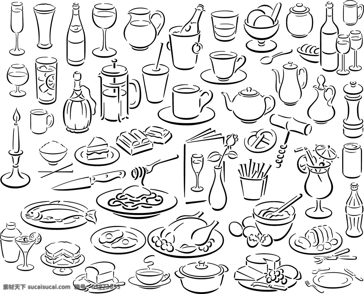 保温杯 杯子 餐盘 叉子 插画 插图 茶杯 茶壶 高脚杯 简约 白描 餐具 图案 矢量 模板下载 线稿 剪影 手绘 速写 写生 轮廓 线条画 水杯 汤锅 酒杯 瓶子 酒瓶 开瓶器 美味 美食 三明治 烤鸡 鱼 饮料 小 生活百科 矢量图 日常生活