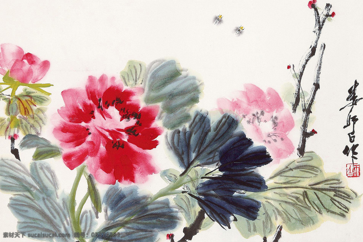 大富贵 娄师白 国画 牡丹 蜜蜂 写意 水墨画 花鸟 中国画 绘画书法 文化艺术