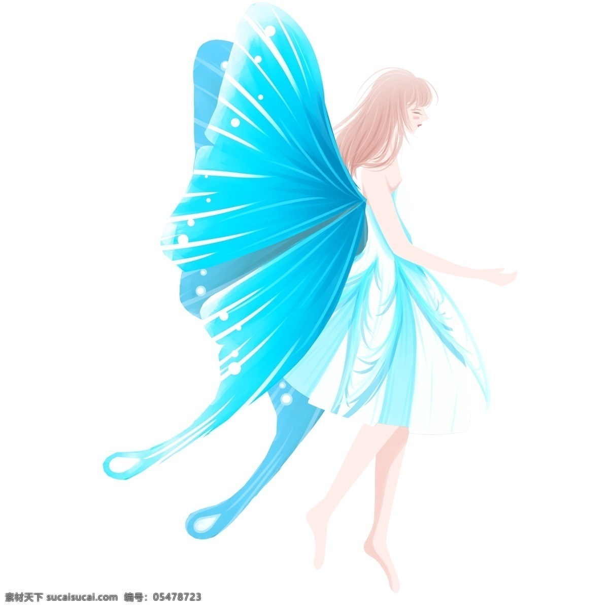 蓝色 唯美 清新 精灵 女生 卡通 手绘 女孩 翅膀 插画 少女